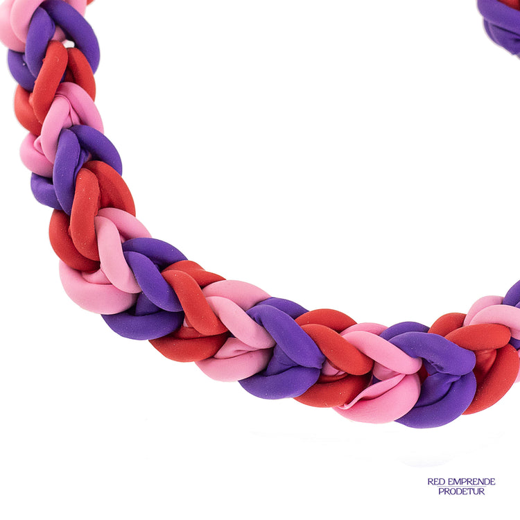 Pulsera tejidas de globos reciclados color morado, amarillo, verde, rojo y turquesa