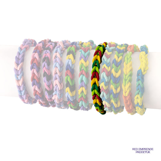 Pulsera tejidas de globos reciclados color amarillo, rojo, verde y verde limón