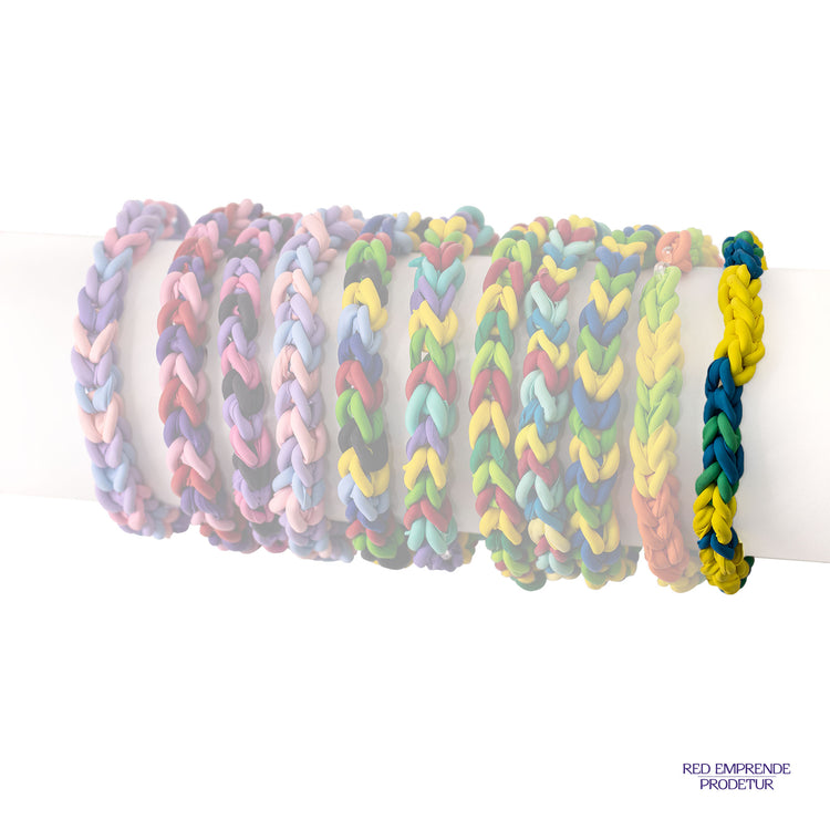 Pulsera tejidas de globos reciclados color amarillo, azul, verde