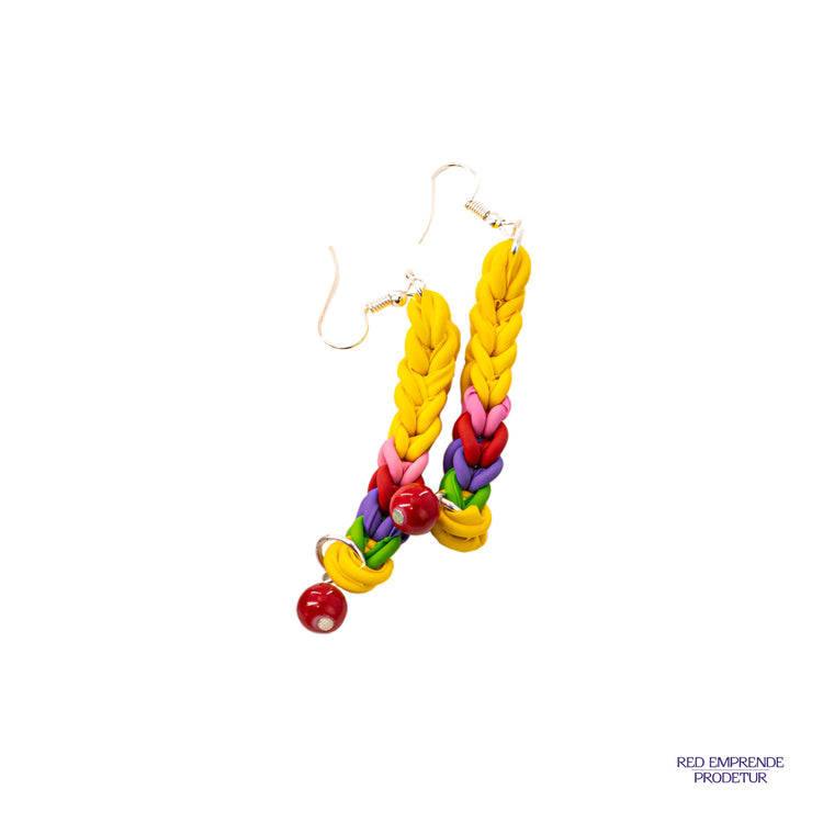 Aretes tejidos de globos amarillo con perlas rojas