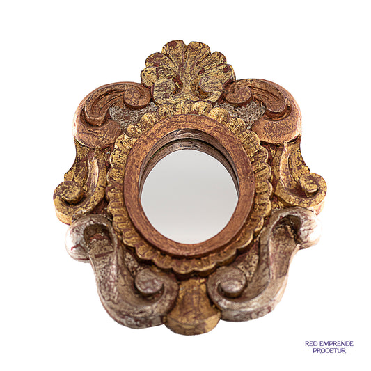 Espejo laminado circular dorado con detalles rojos