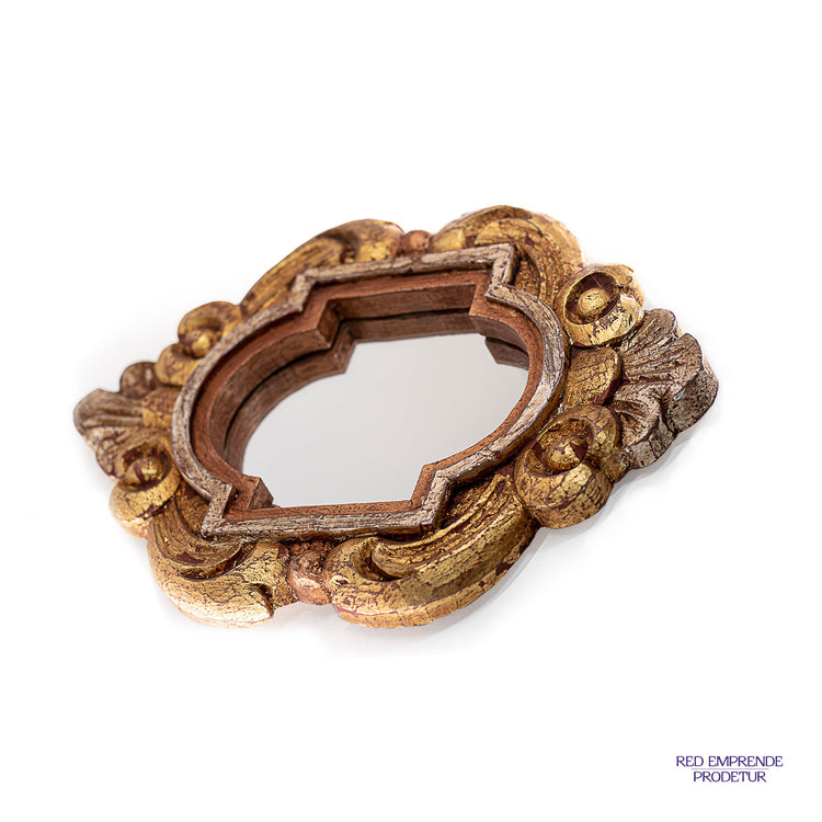 Espejo laminado circular dorado con detalles rojos