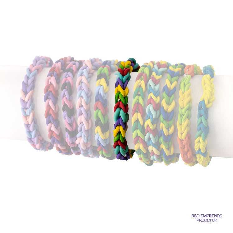 Pulsera tejidas de globos reciclados color morado, amarillo, verde, rojo y turquesa