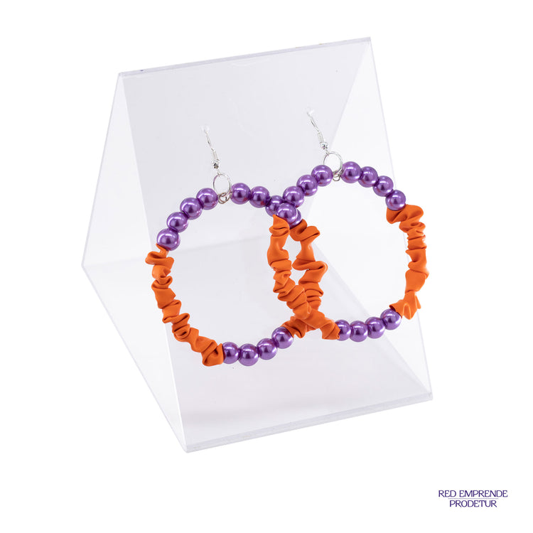 Aretes de argollas scrunchies morado con narajna